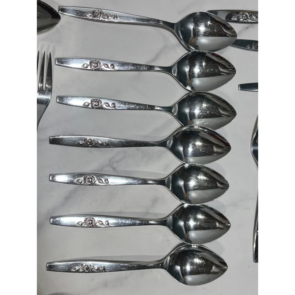 Vtg Oneida Stainless Steel Flatware Set 42pc Our Rose Floral Pattern Silverware